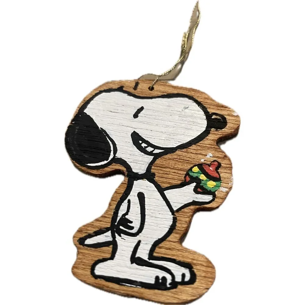 Vtg Snoopy Handpainted‎ Both Sides Wood Christmas Hanging Ornament Brown White